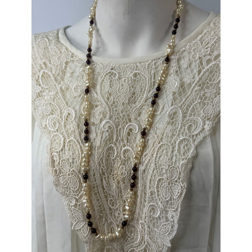 Vintage Freshwater Pearl and Garnet Bead Long Strand Necklace 32 Inch